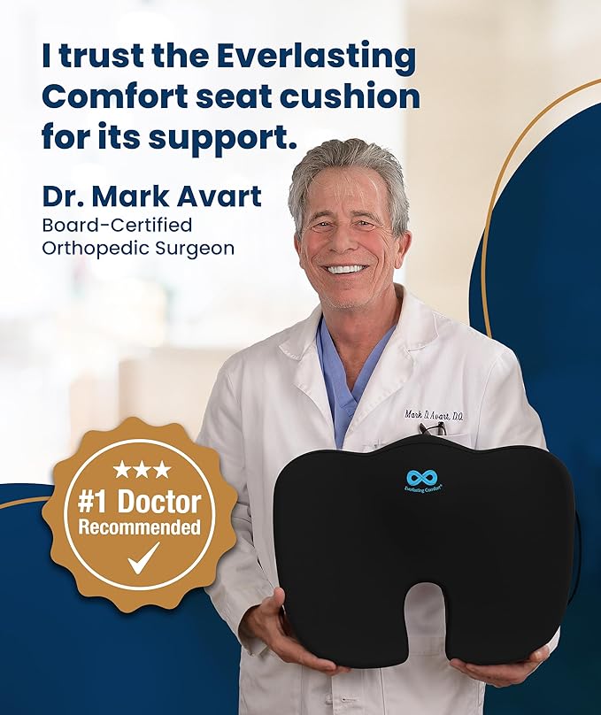 Everlasting Comfort Doctor Recommended Memory Foam Seat Cushion for Office Chairs & Car - Ergonomic Office Desk Accessories - Cushions for Tailbone Pain Relief, Sciatica (Black Cool, Large)