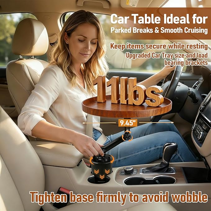 Car Food Cup Holder Tray - 360° Rotating Car Table and Car Seat Tray, Detachable Wooden Car Desk for Laptop and Food Tray, Compatible with Tesla Model Y/3/S, Ford F150/Explorer (Brown, 9.45")