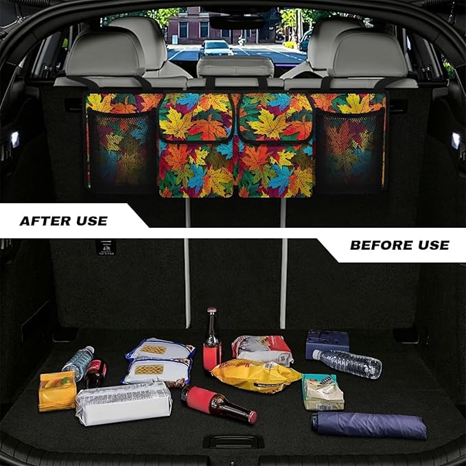 Hanging Trunk Organizer Car Back Seat Storage Bag Colorful Maple Leaves Auto Cargo Bag with 4 Pockets Auto Accessories for SUV MPV Sedans Pickup Jeep Trucks