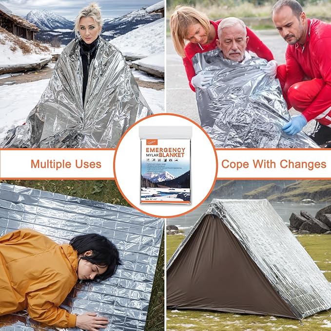 6 Pack - Large 82” x 62” Survival Emergency Mylar Thermal Blankets, Thermal Survival Blanket Perfect for Camping, Hiking, Body Insulation, Outdoors, Car Survival Kit, Bug Out Bag