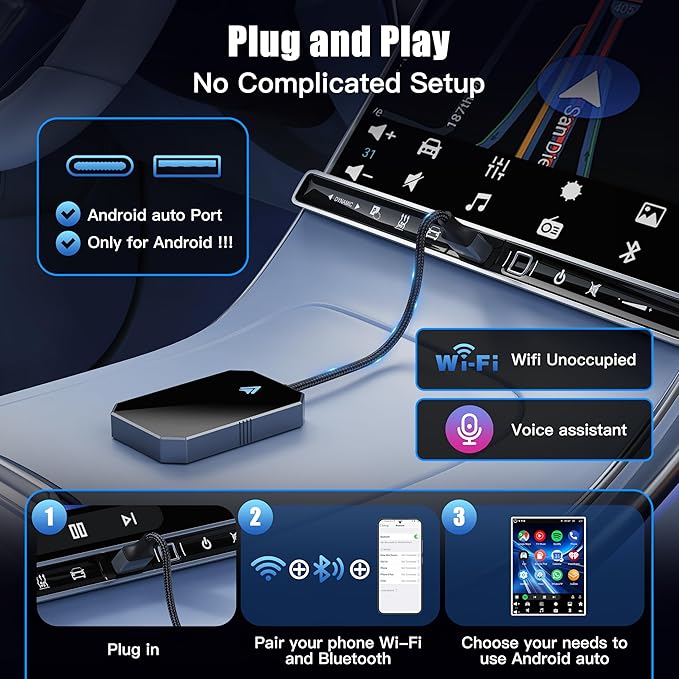 Wireless Android Auto Adapter for Android Phone – Wired to Wireless, Plug & Play Google Assistant/HD Nav, 2016+ Native Android Auto & Android 11+