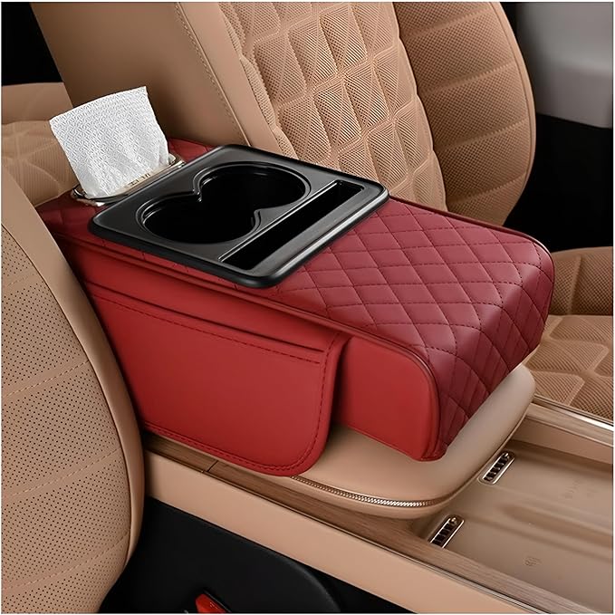 Zpana Car Center Console Armrest Pillow, Memory Foam Leather 4 in 1 Vehicle Arm Rest Cover with Tissue Box 2 Side Storage Bag Cup & Phone Holder, Auto Armrest Cushion, Universal Fit (Wine Red)