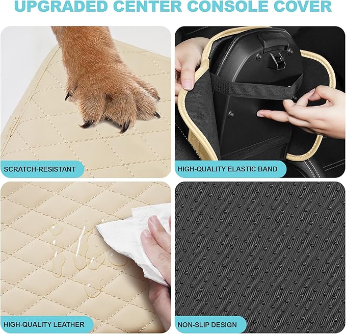 Center Console Cover Fit for Kia Sorento 2003-2025 with 2 Storage Bags Waterproof Leather Quilted Pattern Car Armrest Cover Cushion Anti - Slip(Beige&White Line)