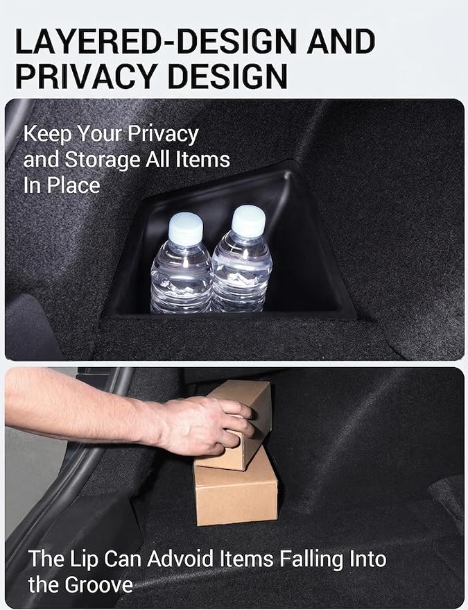 BASENOR 2023 2022 2021 Tesla Model 3 Trunk Storage Bin, Trunk Organizer with Carpeted Lid, Waterproof Rear Trunk Side Storage Box for Model 3 Interior Accessories (Not Fit 2024 2025 Model 3)