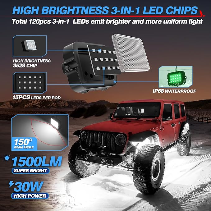 MICTUNING Y1 RGB+IC Dream Color Rock Lights - Upgraded 12 Pods Underglow Light with Chasing Effect, Wheel Well Light with Wiring Switch Kit, Bluetooth APP Control, Extensible Up to 24 Pods