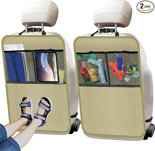 2 Pack Kick Mat Backseat Protector,Back Seat Cover for Kids,Car Seat Back Protectors with 2 Pocket Storage Organizer for Car, SUV, Minivan or Truck Seats (Beige)