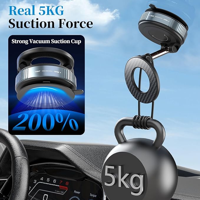 PlusAcc Vacuum Magnetic Phone Holder for Car, Suction Cup Phone Mount for MagSafe, 360°Rotatable Strong Magnet Stand for iPhone 16/15/14/13 in Smooth Surface (No Charging)