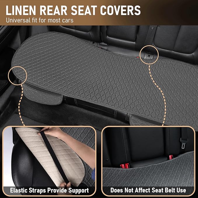 Linen Car Seat Covers, Back Seat Cover for Cars Include 1 Pair Front Car Seat Cover Protectors and 1 Rear Bench Cover with Breathable Linen and Non-Slip Universal Fits SUVs,Cars,Sedans (Deep Grey)