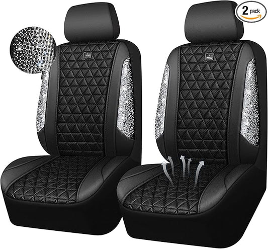 CAR PASS 3D Air Mesh Seat Covers for Cars, Bling Diamond Leather Foam Car Seat Covers for 2 Front Interior Sets, Automotive seat Covers Universal Fit Truck SUV Cute Women Girl, Black Silver Rhinestone