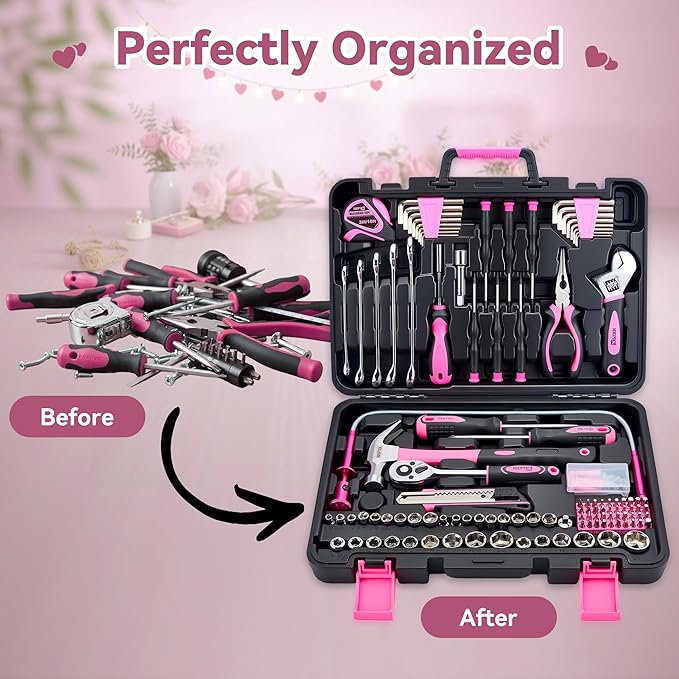 KOOPOOL 159 Piece Pink Tool Set, Tool Kit for Women, General Household pink tool kit for Home Auto Repair, Basic Mechanic Tool Box, with Storage Case