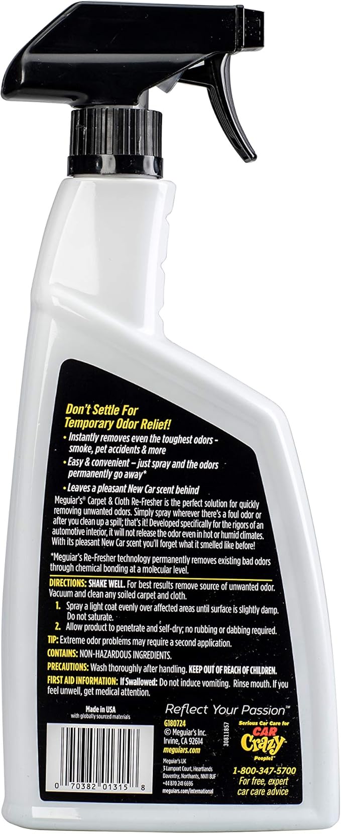Meguiar's Carpet and Cloth Re-Fresher Odor Eliminator Spray, Car Air Freshener, Fights Odors and Freshens Fabrics in your Car, Easy to Use Trigger Spray, 24 Oz