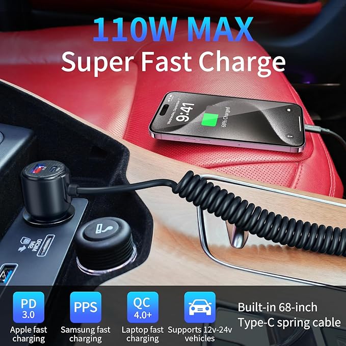 110W Retractable Car Charger, 3‑Port Cigarette Lighter Adapter, 5.7 ft Retractable USB‑C Cable, Car Charger USB C Fast Charge for iPhone 17/16/15 Series, Galaxy S25/S24 and More