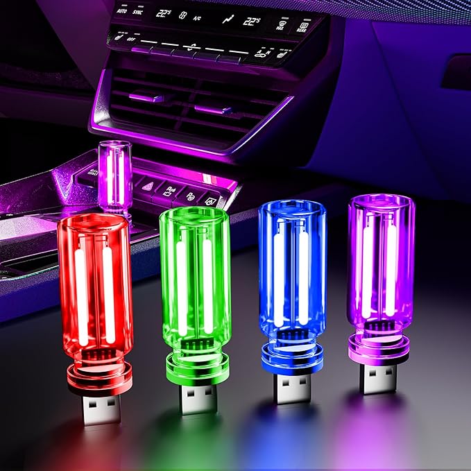 4 PCS USB Night Light, Touch Dimmable Mini USB LED Car Interior Ambient Lights, Portable Plug-in Glass Bottle Night Lamp for Car, Tent, Desk, Bedside(1Red1Blue1Green1Purple)