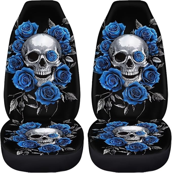 Skull Blue Rose Car Seat Covers Anti Slip Car Seat Covers Front Seats Only Easy to Install and Clean Removable Automotive Accessories Universal Fit for Most Vehicle
