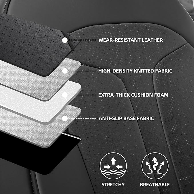 Custom Fit Seat Covers for 2025 2026 Tesla Model Y Juniper (5-Seater), Waterproof Breathable Nappa Leather, OEM Factory Style Full Set Car Seat Protectors Airbag Compatible - Black