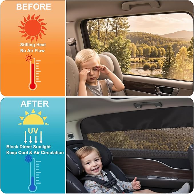 Rear Window Sun Shade, 2 PCS Magnetic Double Layer Car Side Window Sun Shades for Baby, Half Blackout & Half See-Through Back Window Covers for Sun & Privacy Protection,Car Window Accessories