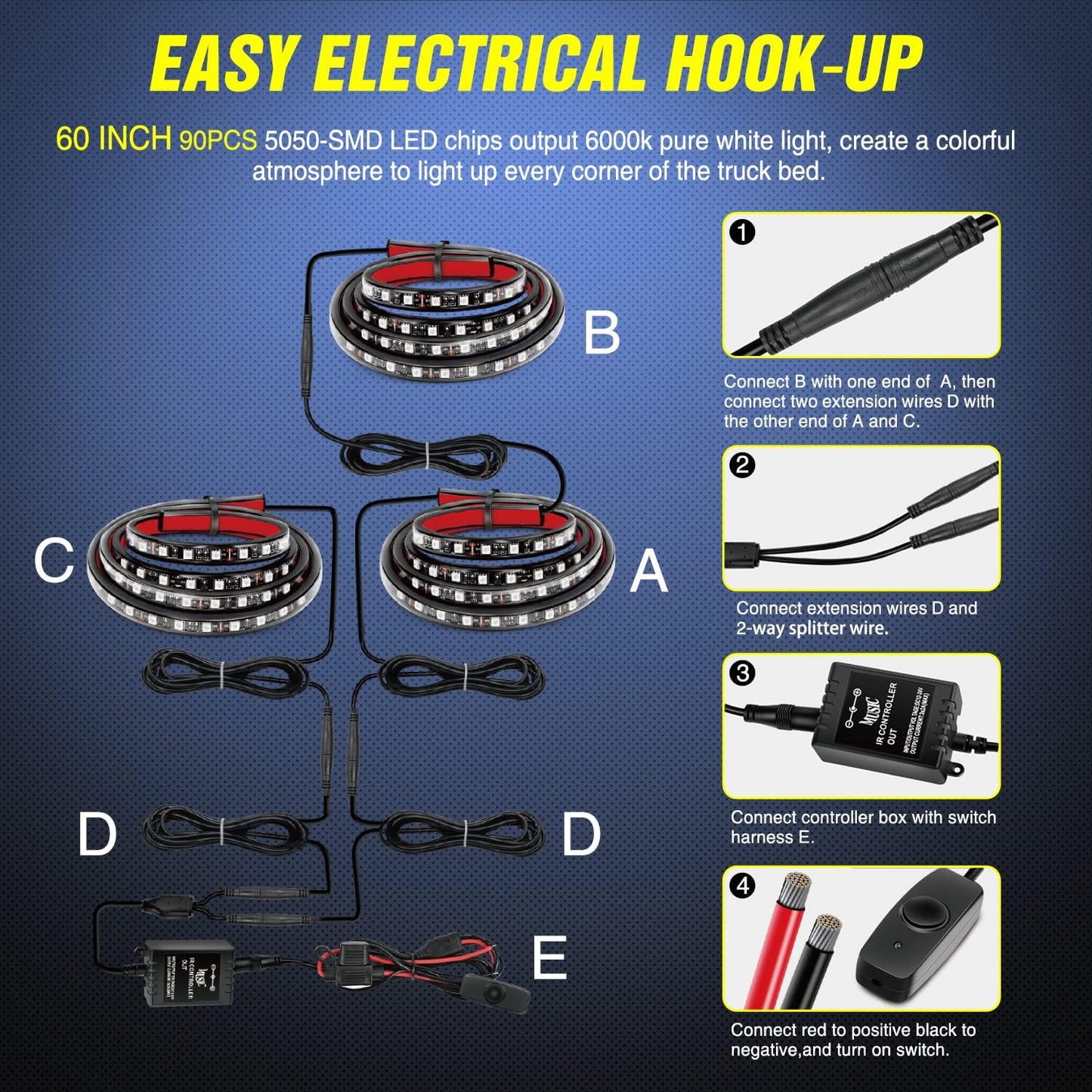 Nilight 3PCS 60 Inch RGB Truck Bed Light Strip Kit 270 LED Neon Accent Lights with RF Remote On Off Switch Splitter Extension Cable for Cargo Pickup Truck Camper RV SUV Boat