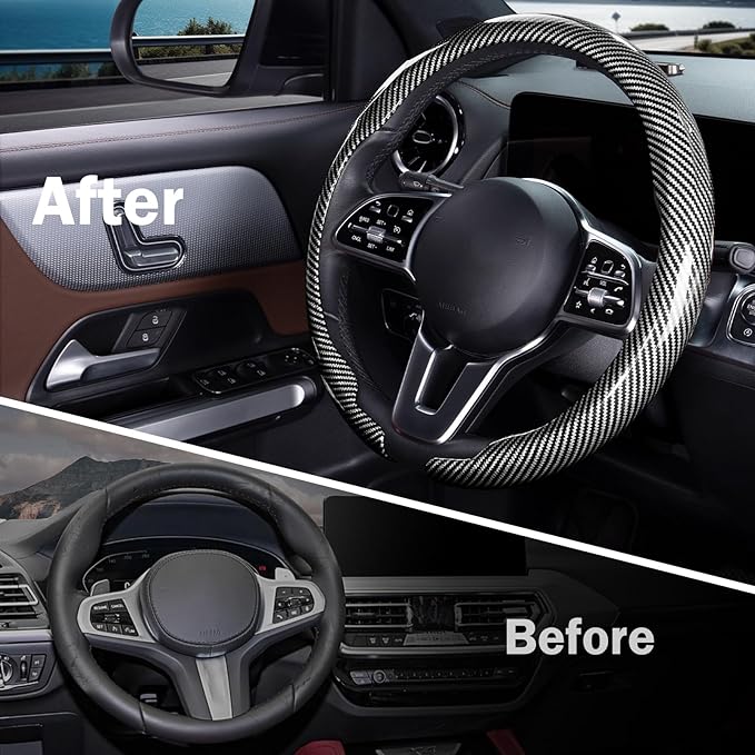 Car Steering Wheel Cover Carbon Fiber Snap On Steering Wheel Accessories Wrap 14.5-15 inch Universal Grip Anti-Skid Protector, Glossy Silver