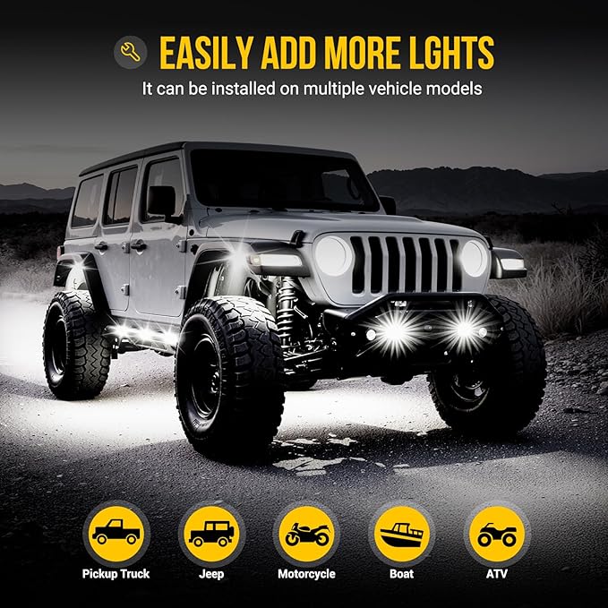 Hovano 4 Pods COB White Rock Lights, 120 COB Chips 6500K Pure White Super Bright Neon Underglow, IP68 Waterproof Shockproof Off-Road Light Kit for Pickup Trucks, SUV, UTV, ATV, RZR, Cars Boats