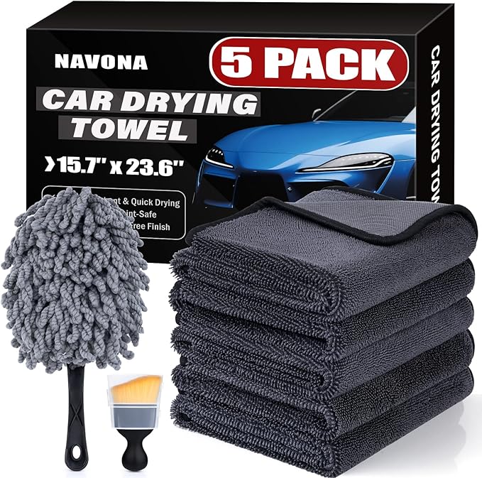Navona 5 Pack Microfiber Car Drying Towels – Ultra Absorbent, Lint-Free Multi-Purpose Cloths for Car Wash, Bathroom Body Drying, Kitchen Cleaning & Sports Sweat Wiping