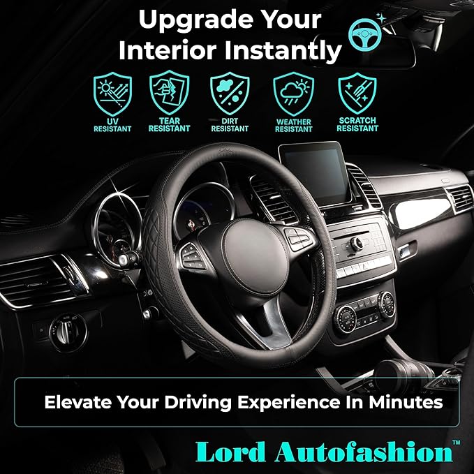 Lord Autofashion Steering Wheel Cover – PU Leather, Non-Slip Rubber Inner, All-Season Comfort – 14.5–15 Inch (Black 9366)