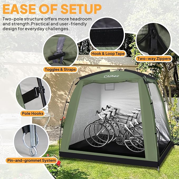 Chihee Bike Covers Shelter Bicycle Storage Sheds Travel Bike Tent Portable Waterproof Bicycle Cover for 2-3 Bikes 2 Doors Outdoor Storage for Motorcycle Garden Tools Lawn Mower All Seasons Easy Setup
