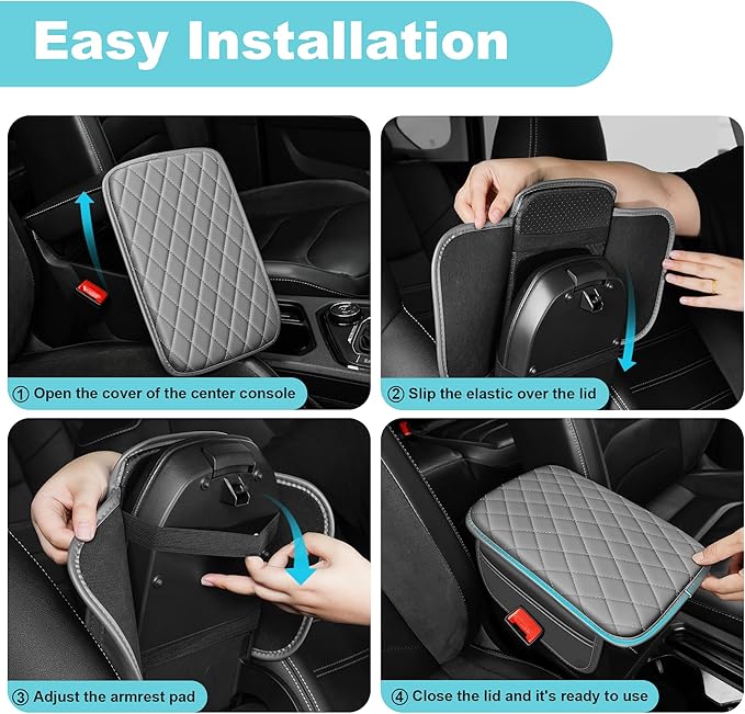 Center Console Cover Fit for Kia Sportage 2005-2025 with 2 Storage Bags Waterproof Leather Quilted Pattern Car Armrest Cover Cushion Anti - Slip(Grey&White Line)