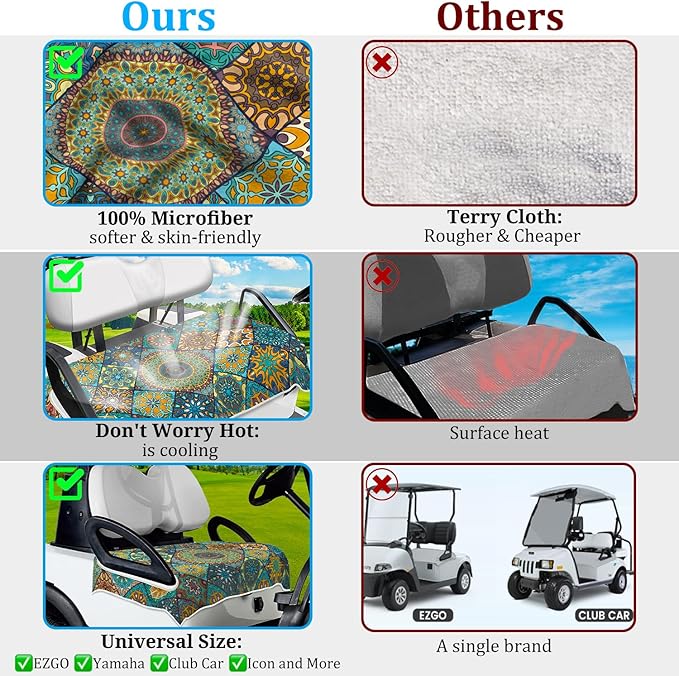 ENYORSE Golf Cart Seat Covers - Ethnic Style Golf Cart Towel Blanket for 2/4 Seater, Soft & Breathable Microfiber, Keeps Seats Cool & Comfortable, 51”x31”, Fits EZGO/Yamaha/Club Car