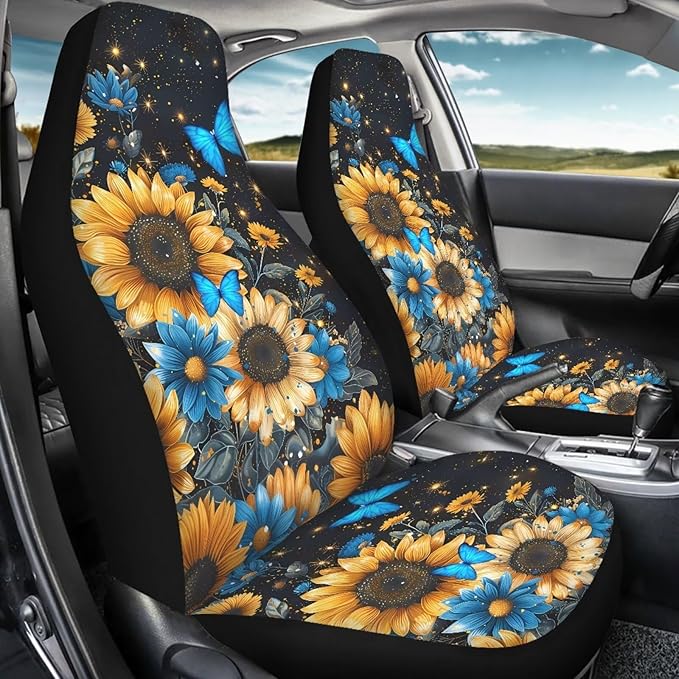 BIGCARJOB Sunflower Car Accessories Sets 2 Pcs Auto Front Seat Protector Butterfly Print Car Seat Cover Sets for Womens Girly Cute Car Interior Seat Cushion Pads