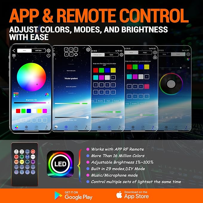 Interior Car LED Strip Lights, RGB 6-in-1 16 Million Colors Ambient Lighting Kit with 390 inches Fiber Optic Wireless APP & Remote Control Music Sync