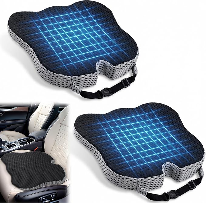 2 Pack Wedge Car Seat Cushion, Memory Foam Seat Cushion with Adjustable Strap for Car and Truck, Sciatica and Back Pain Relief, Comfort for Anti Slip and Breathable, Office, Long Drive