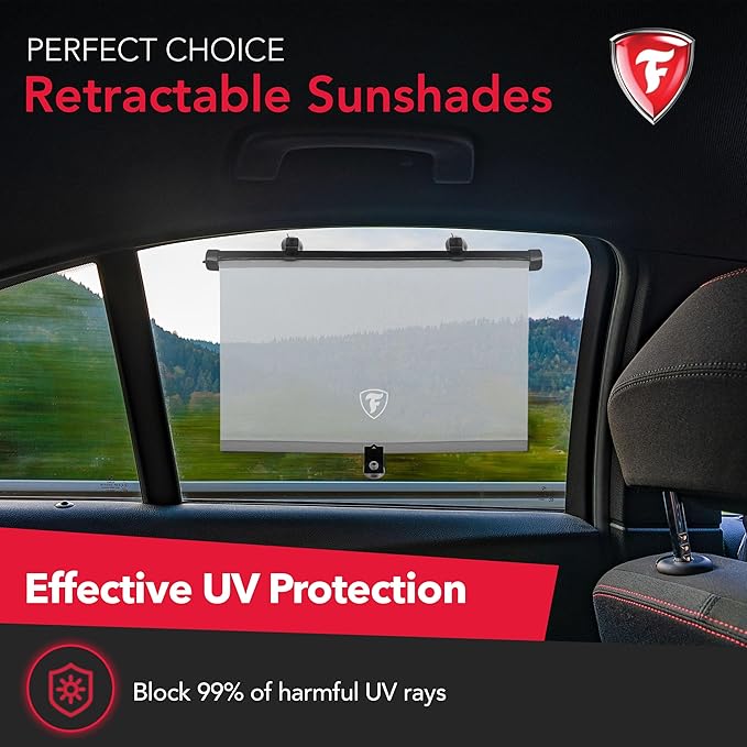 Firestone 2 Pack Retractable Car Window Sunshades - Blocks 99% UV Rays, Lightweight & Compact Car Side Window Screen with Automatic Retract Button, Blocks Glare & Heat, Gray