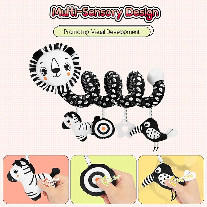 FPVERA Car Seat Toys for Babies 0-6 Months: Travel Baby Toy for Soft Hanging Toys for Carseat, Spiral Plush High Contrast Black and White Toy for Boys Girls
