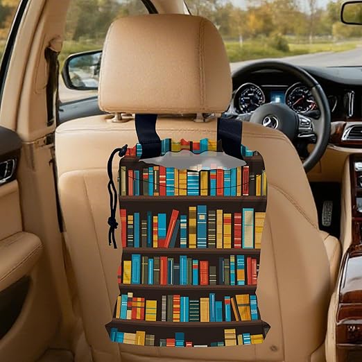 Cartoon Bookshelf Car Trash Bag, Strap Drawstring Car Garbage Bags,Car Back Seat Organizer with Adjustable Buckle for Car Accessories