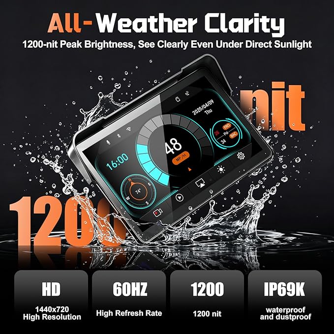 2026 LBW 7" Wireless GPS Motorcycle CarPlay(Includes 128G SD) with Android Auto Navigation, Dual 2K Dash Cam, HD Waterproof Screen, TPMS, Remote Control, BT, Quick Release Anti-Theft Design Mount