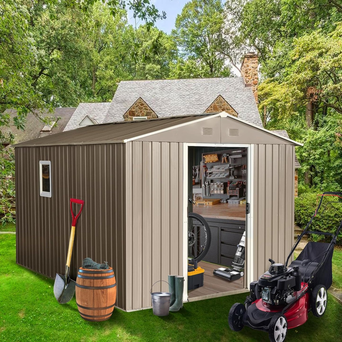 10×8FT Outdoor Metal Storage Shed Large Garden Sheds with Floor Base & Window,Sliding Doors and Padlock for Garden,Backyard,Lawn,Easy to Assemble,Grey