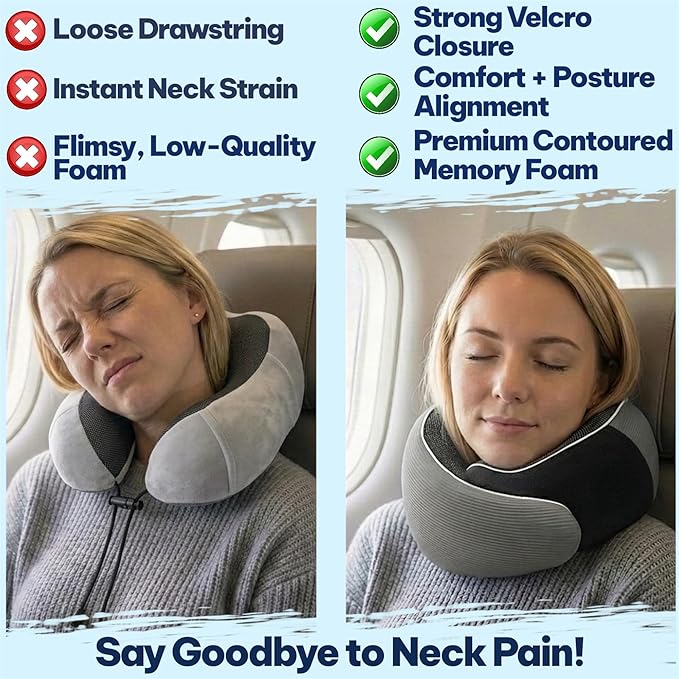 Memory Foam Travel Neck Pillow for Airplane & Neck Pain Relief – 360° Ergonomic Support – Free Eye Mask & Ear Plugs – Soft Breathable Cover – Ideal for Plane, Car, Office & Home