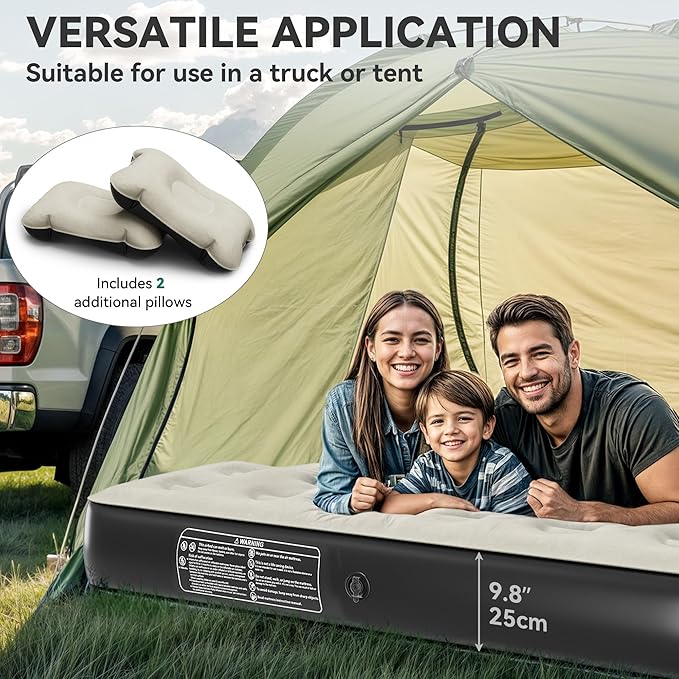 YITAHOME Truck Bed Air Mattress for 5.5-5.8 ft Full-Size Short Truck Beds, Inflatable Car Mattress Bed with Pump, Pillows, Carry Bag & Repair Kit for Outdoor, Travel, Camping (Black&Gray)