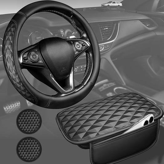 CAR PASS 3D Memory Foam Leather Car Steering Wheel Cover Set, Comfortable Rhombus Leather Center Console Armrest Cushion with Storage Bags Non-Slip 14.5-15in Car Interior Covers Sets, 4 PCS All Black