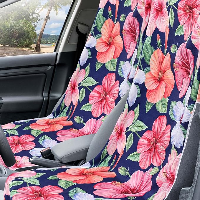 1 Pack Car Seat Towel Covers with Storage Bag 63 x 32 Inch Athletic Running Towel Seat Sweat Washable Non Slip Cover Gift for Car Outdoor Sport Activities (Summer Flower Hibiscus)