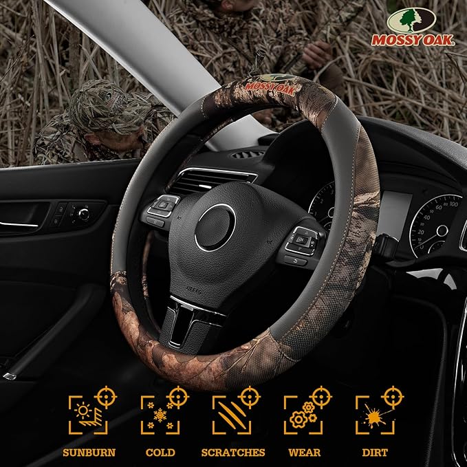 Mossy Oak Full Camo Steering Wheel Cover - Made from Premium Leather, Universal Fit for 14 1/2 to 15 inches - Official Licensed Product - Gray Color