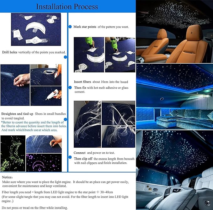 AZIMOM Car Use 6W RGBW 550pcs 0.03in 13.1ft Fiber Optic Lights Starlight Ceiling Light Kit End Glow Optic Cable Music Mode APP Remote Sensory Lighting Indoor Home Headliner Decoration