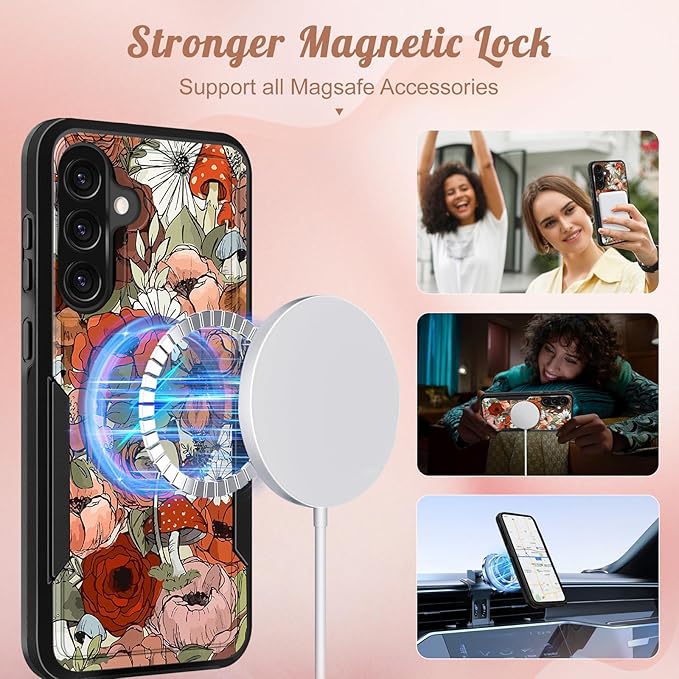 for Samsung Galaxy A36 5G Phone Case - Compatible with MagSafe Women Girls Cute Magnetic Protective Cover Girly Mushroom Flower Heavy Duty Shockproof Design for Samsung A36 5G Cases 6.7"