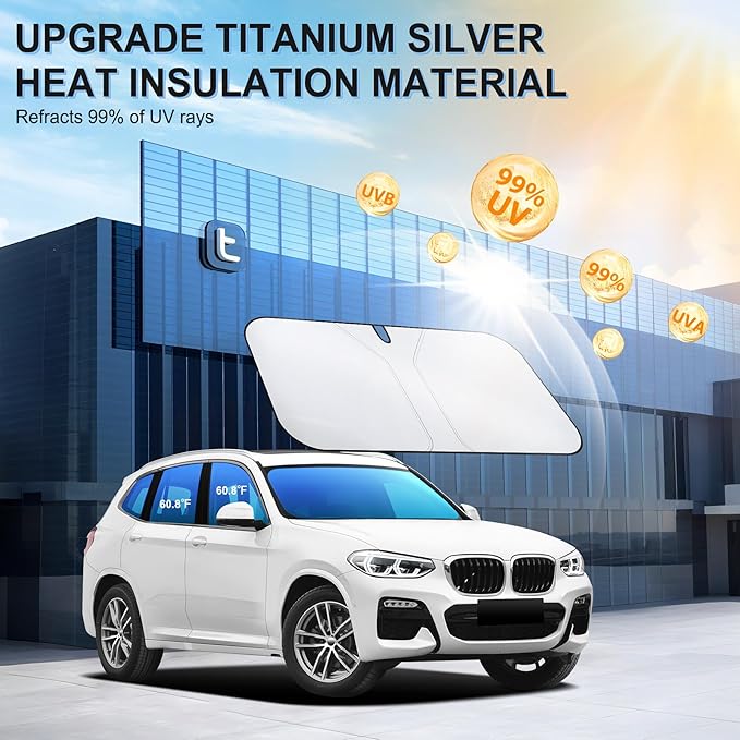 SINGARO Universal 300T Car Windshield Sun Shade, Foldable Reflective for Windshield & Window Shades with Overlapping Design, Car Interior Accessories (64.5" L x 33" W)