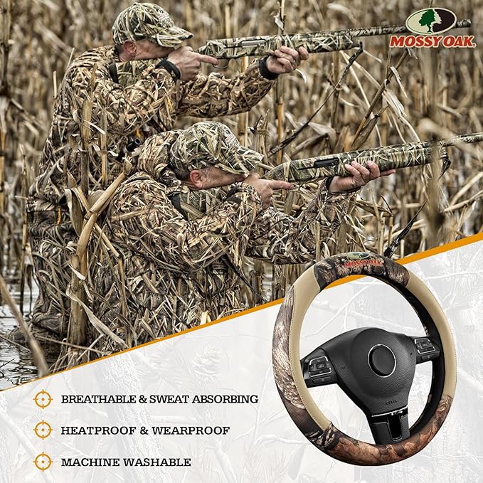 Mossy Oak Full Camo Steering Wheel Cover - Made from Premium Leather, Universal Fit for 14 1/2 to 15 inches - Official Licensed Product - Beige Color