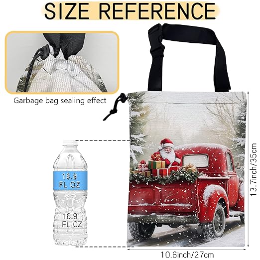 Santa Claus on Red Truck Car Trash Bag, Hanging Drawstring Car Garbage Bag,Canvas Car Back Seat Organizer with Adjustable Buckle for Men and Women