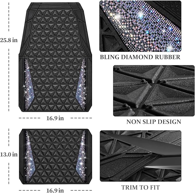 CAR PASS Dazzle Colour Change Car Mats Diamond Floor Mats Full Set Anti-Slip 3D Rhombus Waterproof Universal Trim Fit Liner Glitter Crystal Sparkly Shining Rhinestone Girl Women SUV Sedan Van Colorful