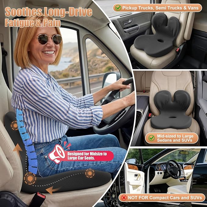 Car Seat Cushion with Lumbar Support for Long Driving Truck RV, 3" Lift Breathable Ergonomic Memory Foam Cushion for Hip, Coccyx, Sciatica, Tailbone & Lower Back Support Van Office Chair (Embroider)