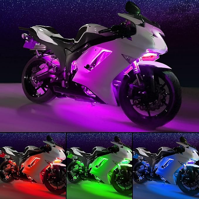 Motorcycle LED Underglow Kit, icicar 8 Pcs APP/RF Control Multicolor Motorcycle LED Light Kit with Brake Turn Signal, IP68 Waterproof & Music Sync Ambient Light for Motorcycles