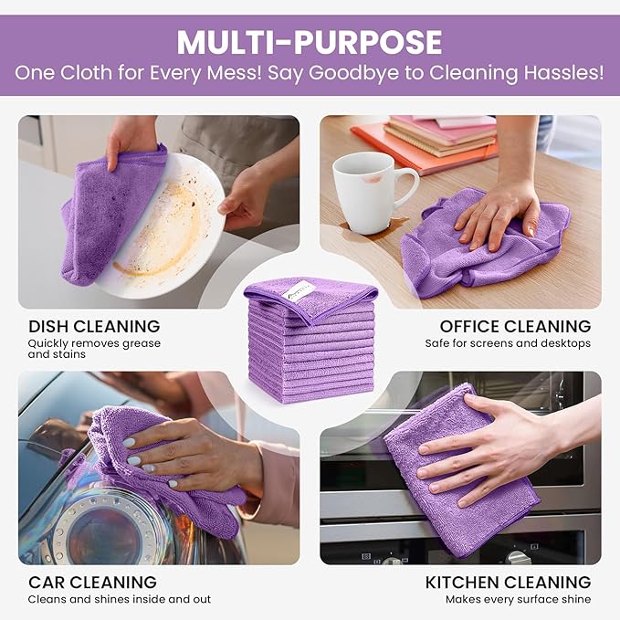 SIFANGKE Microfiber Cleaning Cloth, 12 Pack Purple Cleaning Rags for Housekeeping, Reusable Microfiber Towels for Car, Kitchen, Bathroom and Household Cleaning Supplies, 11.8"X11.8"